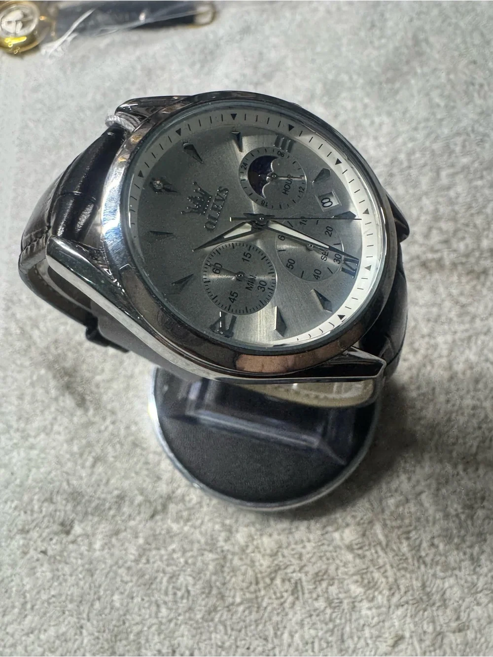 OLEVS Men’s Silver Dial Black Leather Strap Watch